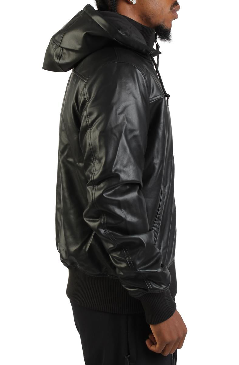 Faux Leather Hooded Rib Flight Jacket  Image 4