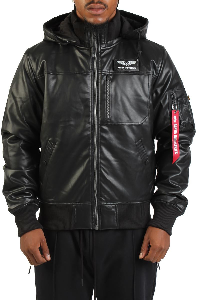 Faux Leather Hooded Rib Flight Jacket  Image 1