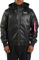 Faux Leather Hooded Rib Flight Jacket  Image 1