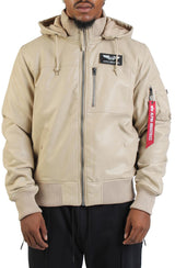 Faux Leather Hooded Rib Flight Jacket  Image 1