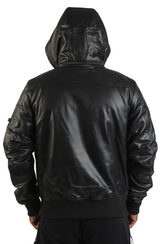 Faux Leather Hooded Rib Flight Jacket  Image 3