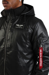 Faux Leather Hooded Rib Flight Jacket  Image 5